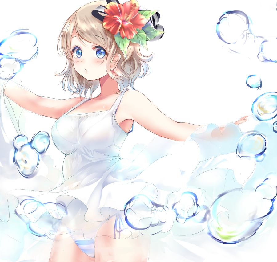 bad_id bad_pixiv_id blue_eyes blush breasts brown_hair bubble dress flower gorua_(youce01) hair_flower hair_ornament large_breasts love_live! love_live!_sunshine!! panties revision short_hair solo underwear watanabe_you white_background white_dress