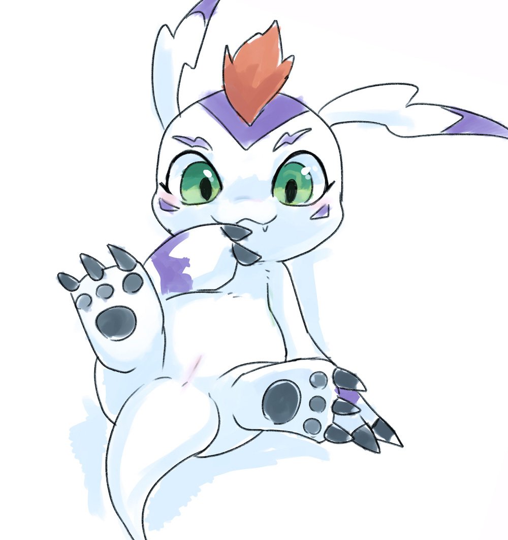 ambiguous_gender animal_genitalia anus apricolor1 blush claws digimon fangs feral fur genital_slit gomamon long_ears looking_at_viewer lying mammal marine markings mohawk on_back pawpads paws pinniped seal simple_background slit solo spread_legs spreading white_background