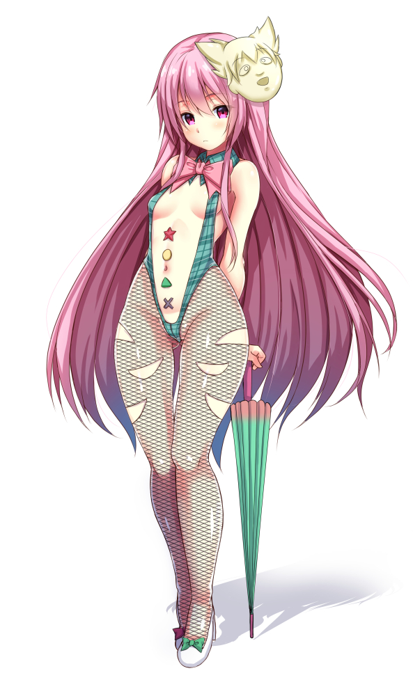 arms_behind_back bow bowtie breasts closed_mouth ebi_193 expressionless fishnet_legwear fishnet_pantyhose fishnets full_body green_bow hata_no_kokoro long_hair looking_at_viewer mask navel new_mask_of_hope pantyhose parasol pink_bow pink_eyes pink_hair pink_neckwear race_queen revealing_clothes shoe_bow shoes small_breasts solo touhou umbrella very_long_hair white_footwear wide_hips
