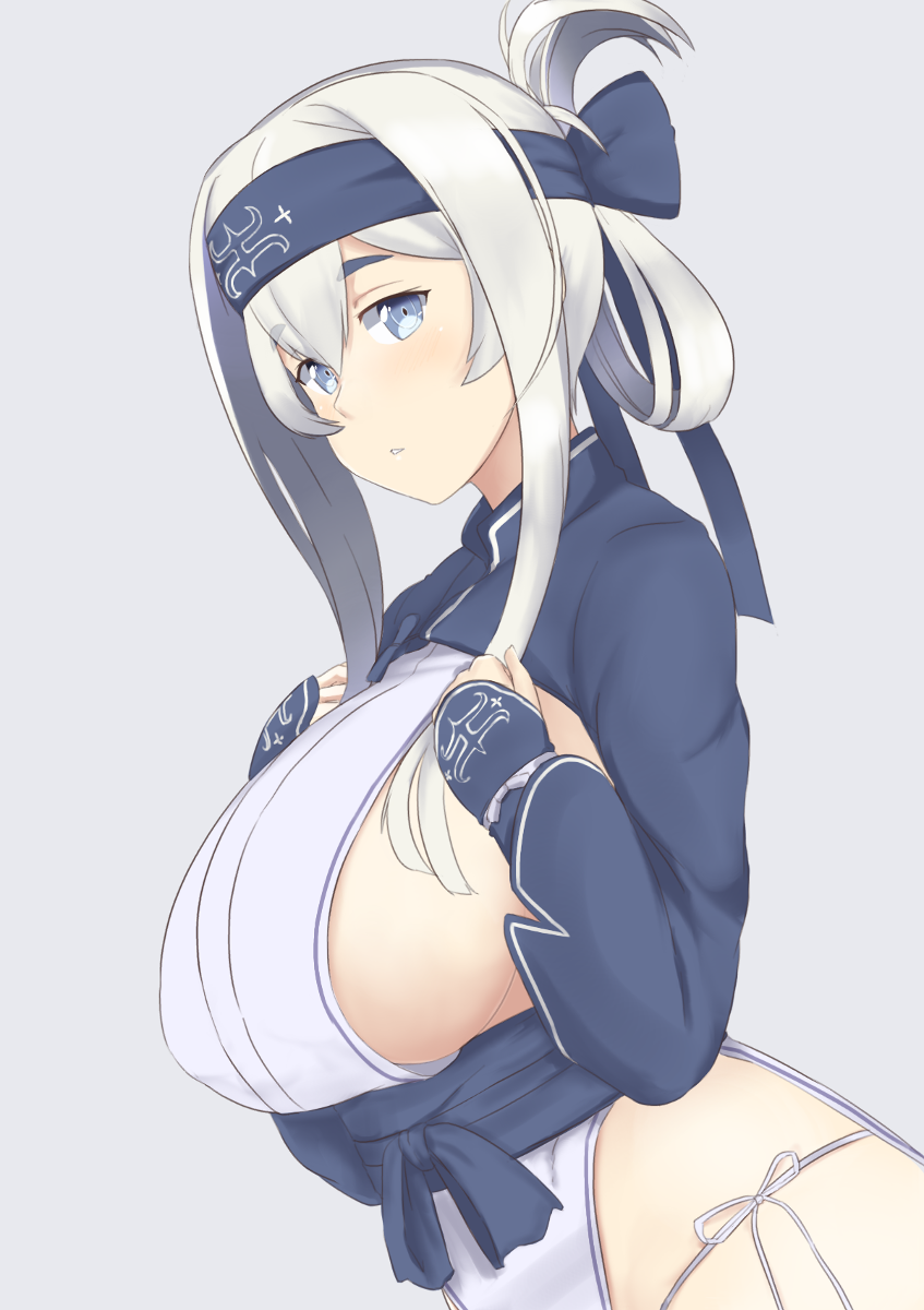 ainu_clothes bandages bandana black_legwear blue_eyes breasts cropped_jacket dress folded_ponytail hands_on_own_chest headband highres kamoi_(kantai_collection) kantai_collection large_breasts leaning_forward long_hair looking_at_viewer nao_(ritsancrossover) panties parted_lips pelvic_curtain side-tie_panties side_slit sideboob sidelocks sleeveless sleeveless_dress solo thighhighs underwear white_dress wrist_guards