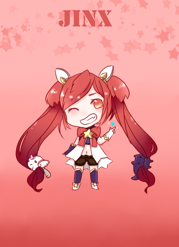 1girl alternate_costume alternate_hair_color alternate_hairstyle bare_shoulders chibi jinx_(league_of_legends) kuro_(league_of_legends) league_of_legends lipstick long_hair magical_girl red_bow red_bowtie red_eyes red_hair shiro_(league_of_legends) short_shorts shorts star_guardian_jinx thighhighs tied_hair twintails very_long_hair wink