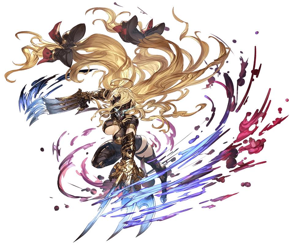 blonde_hair bodysuit boots bow breasts center_opening claw_(weapon) cleavage curly_hair full_body gloves glowing glowing_eyes granblue_fantasy high_heel_boots high_heels large_breasts long_hair low_twintails mask minaba_hideo predator_(granblue_fantasy) solo transparent_background twintails weapon