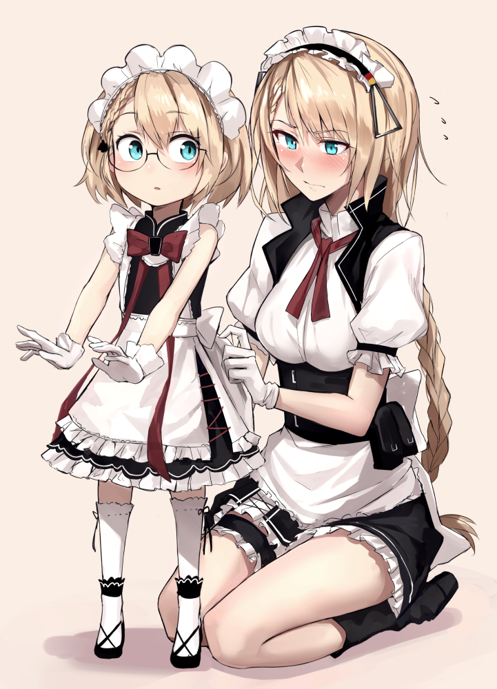 adjusting_clothes apron blonde_hair blue_eyes blush braid closed_mouth commentary dressing_another eyebrows_visible_through_hair flying_sweatdrops frilled_apron frilled_sleeves frills full_body g36_(girls_frontline) girls_frontline glasses gloves long_ponytail maid maid_apron maid_headdress md5_mismatch multiple_girls red_ribbon ribbon seiza shijiu_(adamhutt) short_hair single_braid sitting skirt thigh_strap time_paradox white_gloves white_legwear younger
