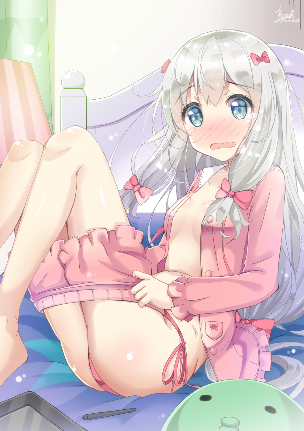 ass bed blue_eyes blush bow breasts dated eromanga_sensei hair_bow highres izumi_sagiri legs_up long_hair looking_at_viewer low-tied_long_hair nose_blush on_bed open_clothes open_mouth open_pajamas pajamas panties pink_bow pink_pajamas pink_panties pink_shorts quin_(himegata_alice) shorts shorts_pull side-tie_panties signature silver_hair sitting small_breasts solo stuffed_animal stuffed_octopus stuffed_toy stylus tablet tears underwear undressing wavy_mouth