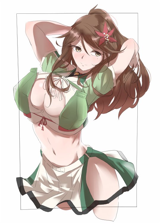 amagi_(kantai_collection) arms_behind_head blush breasts brown_eyes brown_hair commentary_request cowboy_shot flower framed hair_between_eyes hair_flower hair_ornament high_ponytail hisaki_(morenabe) japanese_clothes kantai_collection large_breasts leaf leaf_hair_ornament long_hair maple_leaf midriff mole mole_under_eye navel ponytail remodel_(kantai_collection) sidelocks simple_background smile solo white_background wide_ponytail