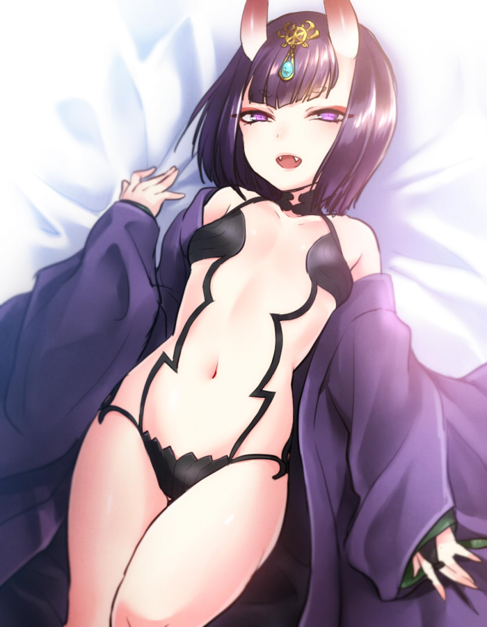 :d bangs bed_sheet blunt_bangs breasts collarbone commentary_request cowboy_shot eyeshadow fangs fate/grand_order fate_(series) gem half-closed_eyes headpiece horns japanese_clothes jewelry jyuru kimono long_sleeves looking_at_viewer lying makeup on_back oni oni_horns open_clothes open_kimono open_mouth purple_eyes purple_hair purple_kimono revealing_clothes short_hair shuten_douji_(fate/grand_order) small_breasts smile solo teeth thigh_gap thighs tsurime wide_sleeves