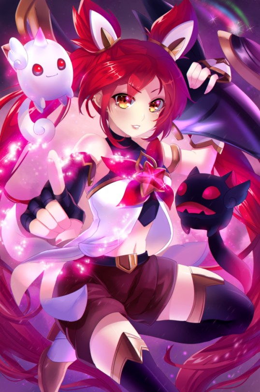 1girl alternate_costume alternate_hair_color alternate_hairstyle bare_shoulders belt black_gloves black_legwear earrings elbow_gloves fingerless_gloves gloves hair_ornament jewelry jinx_(league_of_legends) kuro_(league_of_legends) league_of_legends lipstick long_hair magical_girl red_bow red_bowtie red_eyes red_hair red_lips shiro_(league_of_legends) short_shorts shorts star_guardian_jinx thighhighs tied_hair twintails very_long_hair