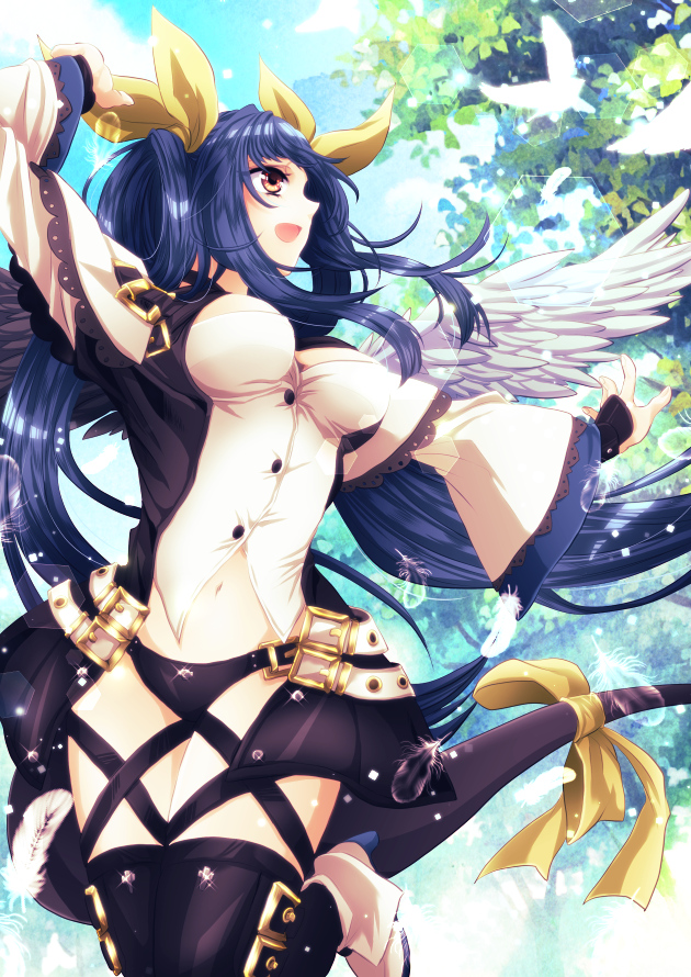 asymmetrical_wings belt bird blue_hair bow breasts buttons capelet choker cowboy_shot day dizzy feathers guilty_gear guilty_gear_xrd hair_rings hands_up high_heels large_breasts leg_up naga_(pixiv) navel open_mouth outdoors outstretched_arm ribbon sky smile standing standing_on_one_leg tail tail_bow tail_ribbon thighhighs wings yellow_eyes