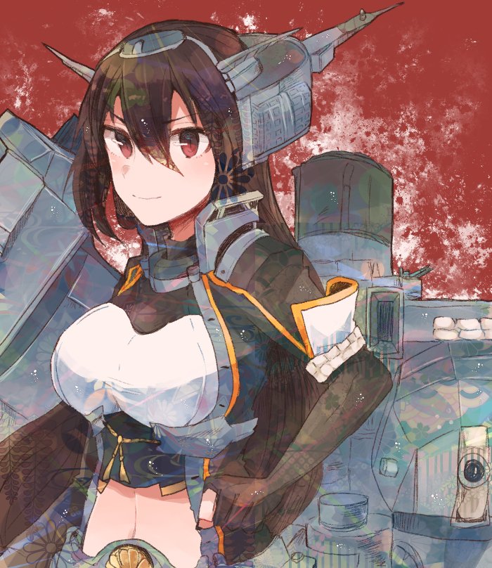 black_gloves black_hair breasts commentary elbow_gloves gloves headgear itomugi-kun kantai_collection large_breasts long_hair looking_at_viewer machinery midriff nagato_(kantai_collection) navel red_eyes remodel_(kantai_collection) rope smile smokestack solo upper_body