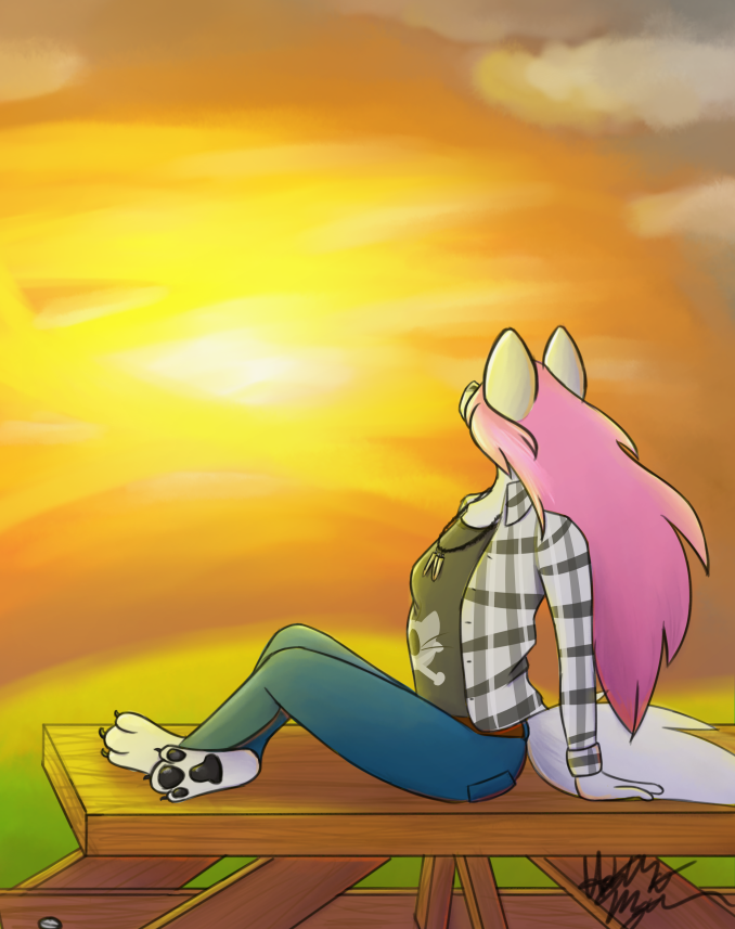 anthro canine clothed clothing female fur hair invalid_tag jessy looking_away mammal maylehh nature pink_hair sitting solo sunset white_fur wolf