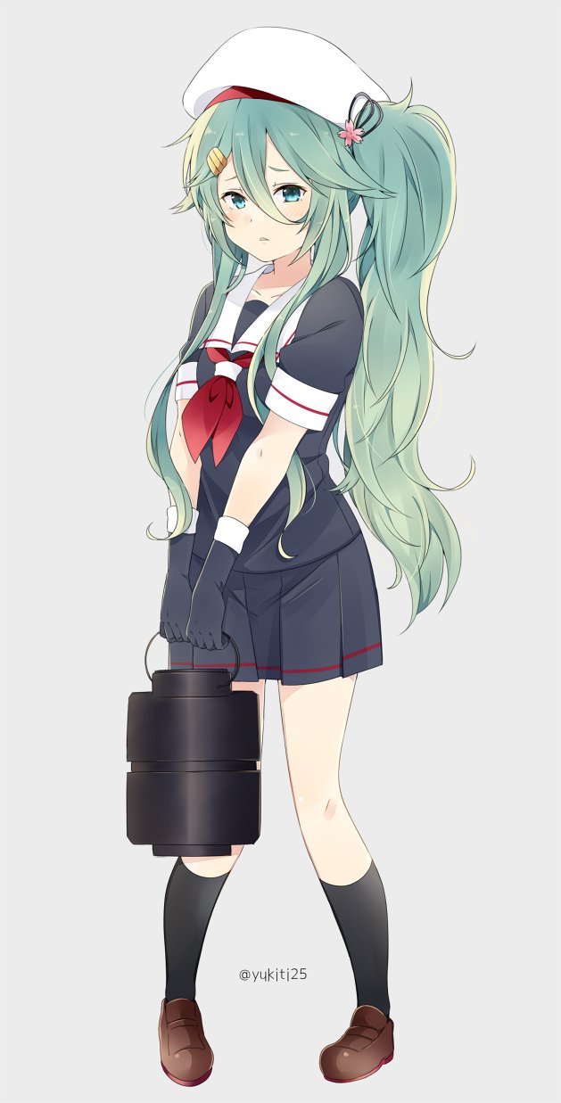 alternate_hairstyle beret black_gloves black_legwear black_ribbon black_serafuku black_skirt brown_footwear character_name collarbone commentary_request cosplay full_body gloves green_eyes green_hair grey_background hair_between_eyes hair_ornament hairclip harusame_(kantai_collection) harusame_(kantai_collection)_(cosplay) hat hat_ribbon highres holding kantai_collection kneehighs loafers long_hair looking_at_viewer neckerchief parted_lips pleated_skirt ribbon school_uniform serafuku shoes short_sleeves side_ponytail sidelocks simple_background skirt solo standing twitter_username v_arms very_long_hair yamakaze_(kantai_collection) yukichi_(eikichi)