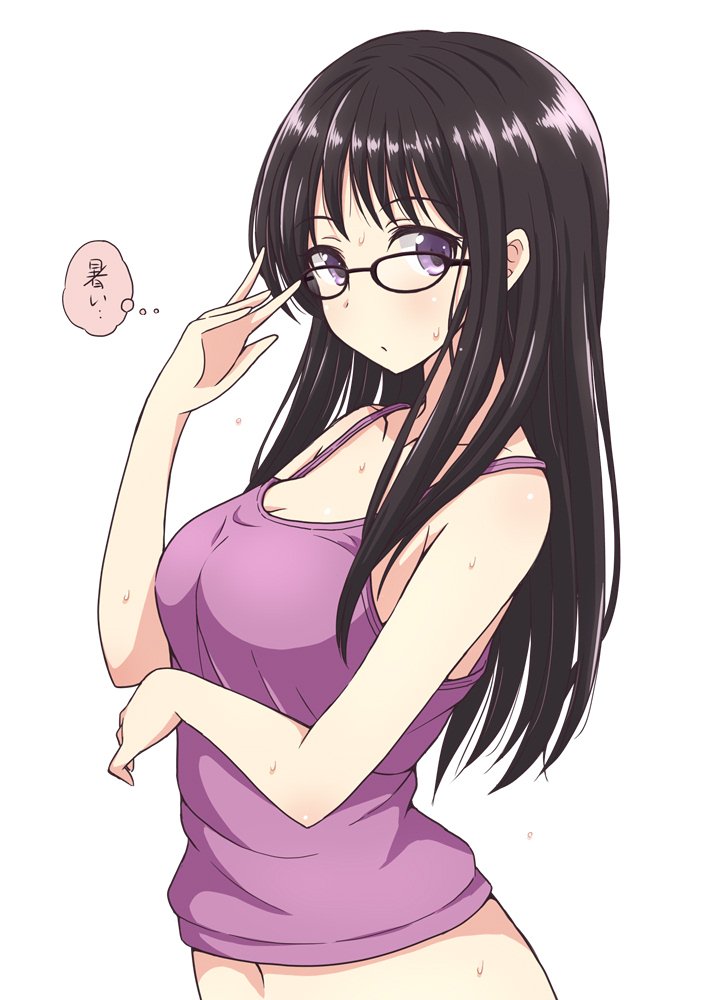 adjusting_eyewear bangs bare_shoulders black-framed_eyewear black_hair breasts camisole commentary_request eyebrows_visible_through_hair glasses himawari-san himawari-san_(character) large_breasts long_hair looking_at_viewer looking_to_the_side mel_(melty_pot) navel purple_camisole purple_eyes solo sweat sweatdrop thought_bubble translated