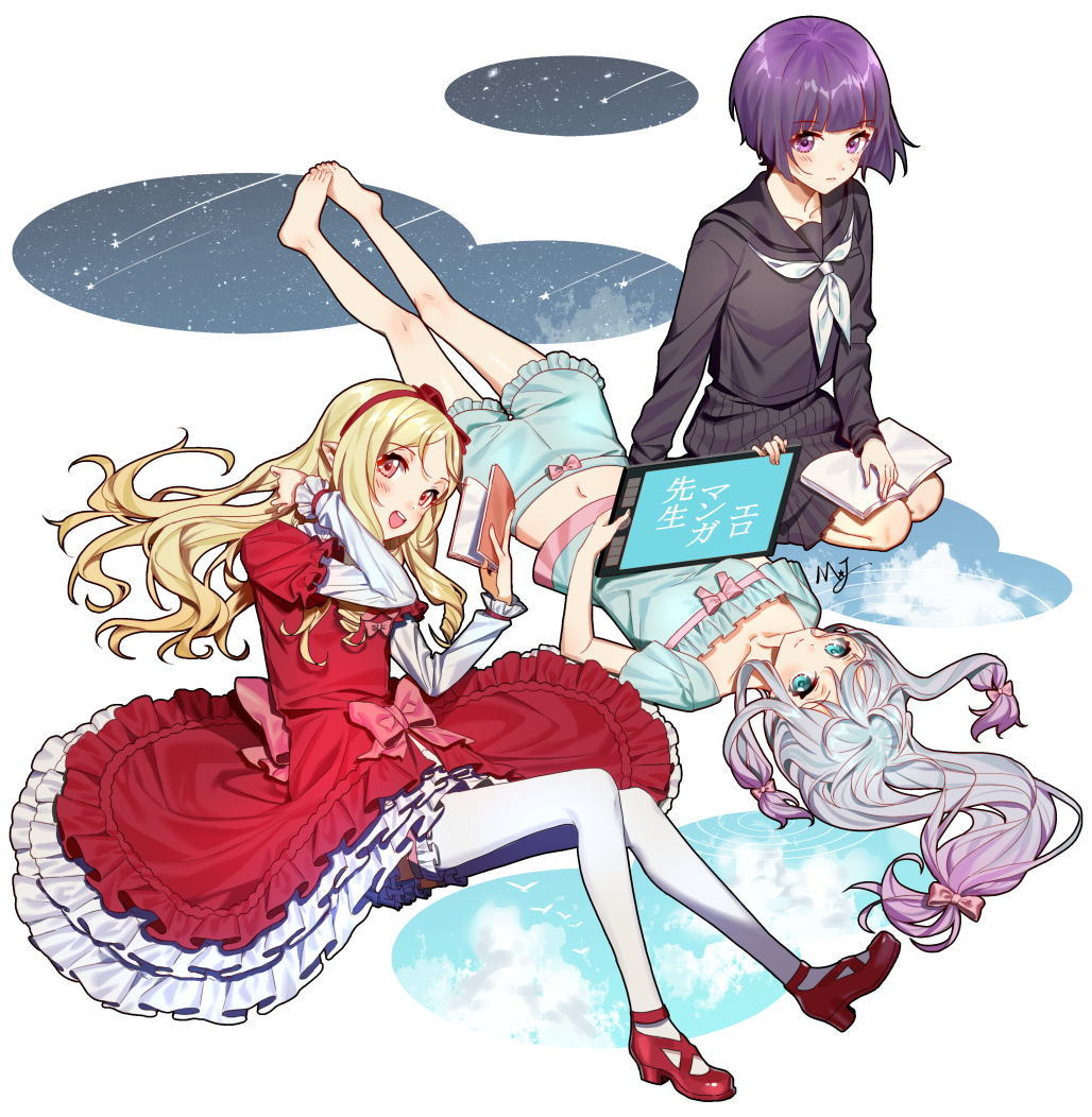 :d barefoot black_serafuku blonde_hair bloomers blue_eyes blue_hair blush book bow brown_eyes cloud different_reflection dress drill_hair eromanga_sensei frills full_body gradient_hair hair_bow hairband izumi_sagiri lolita_fashion long_hair looking_at_viewer low-tied_long_hair lying majiang multicolored_hair multiple_girls neckerchief on_back on_side open_mouth pink_hair pointy_ears purple_eyes purple_hair red_bow red_dress red_footwear reflection ripples school_uniform seiza senju_muramasa serafuku shoes shooting_star short_hair shorts sitting smile tablet thighhighs twin_drills underwear white_legwear wind yamada_elf