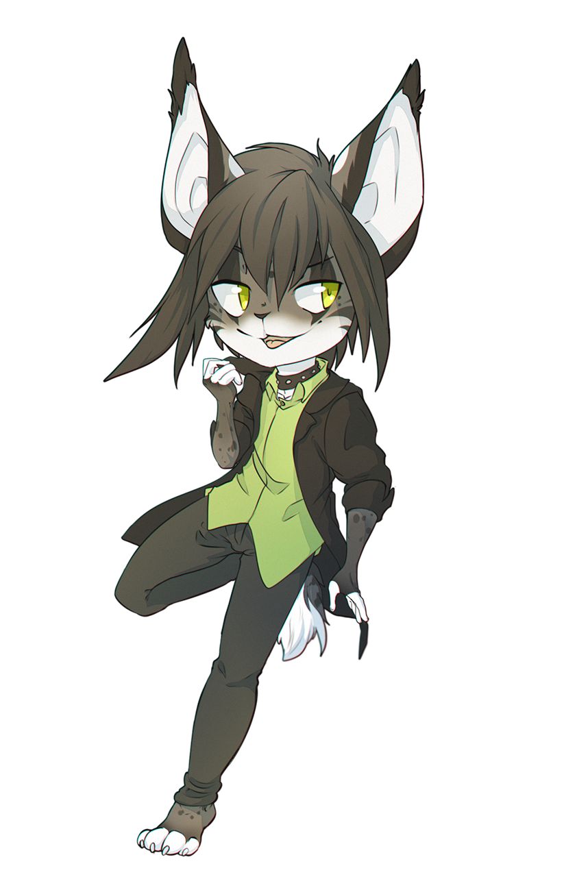 4_toes 5_fingers anthro barefoot black_hair clothed clothing ear_piercing feline green_eyes hair lynx mammal open_mouth piercing rikitoka simple_background smile solo toes tongue white_background