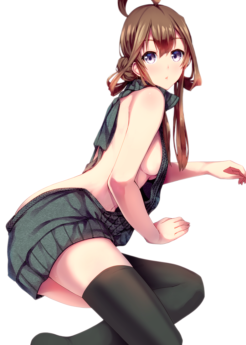 ahoge aran_sweater backless_dress backless_outfit bangs bare_back bare_shoulders black_legwear blush breasts brown_hair commentary_request dress eyebrows_visible_through_hair hair_between_eyes halterneck kantai_collection kongou_(kantai_collection) konkito long_hair looking_at_viewer lying medium_breasts meme_attire naked_sweater no_shoes on_side parted_lips purple_eyes ribbed_sweater sideboob simple_background solo sweater sweater_dress thighhighs thighs turtleneck turtleneck_sweater virgin_killer_sweater white_background