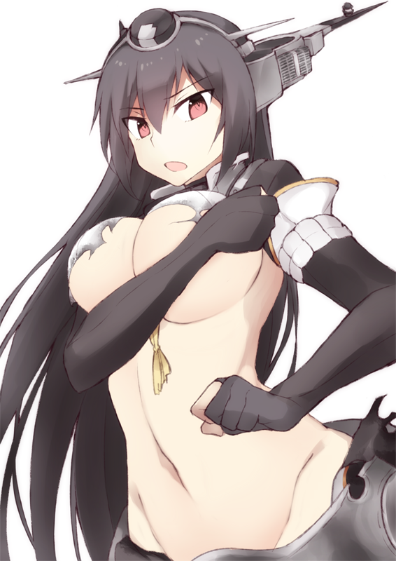 bad_id bad_twitter_id between_breasts black_hair breasts collar covering covering_breasts elbow_gloves eyebrows_visible_through_hair gloves hair_between_eyes headgear kantai_collection large_breasts long_hair looking_at_viewer metal_belt nagato_(kantai_collection) navel open_mouth red_eyes remodel_(kantai_collection) simple_background solo souji torn_clothes underboob upper_body white_background