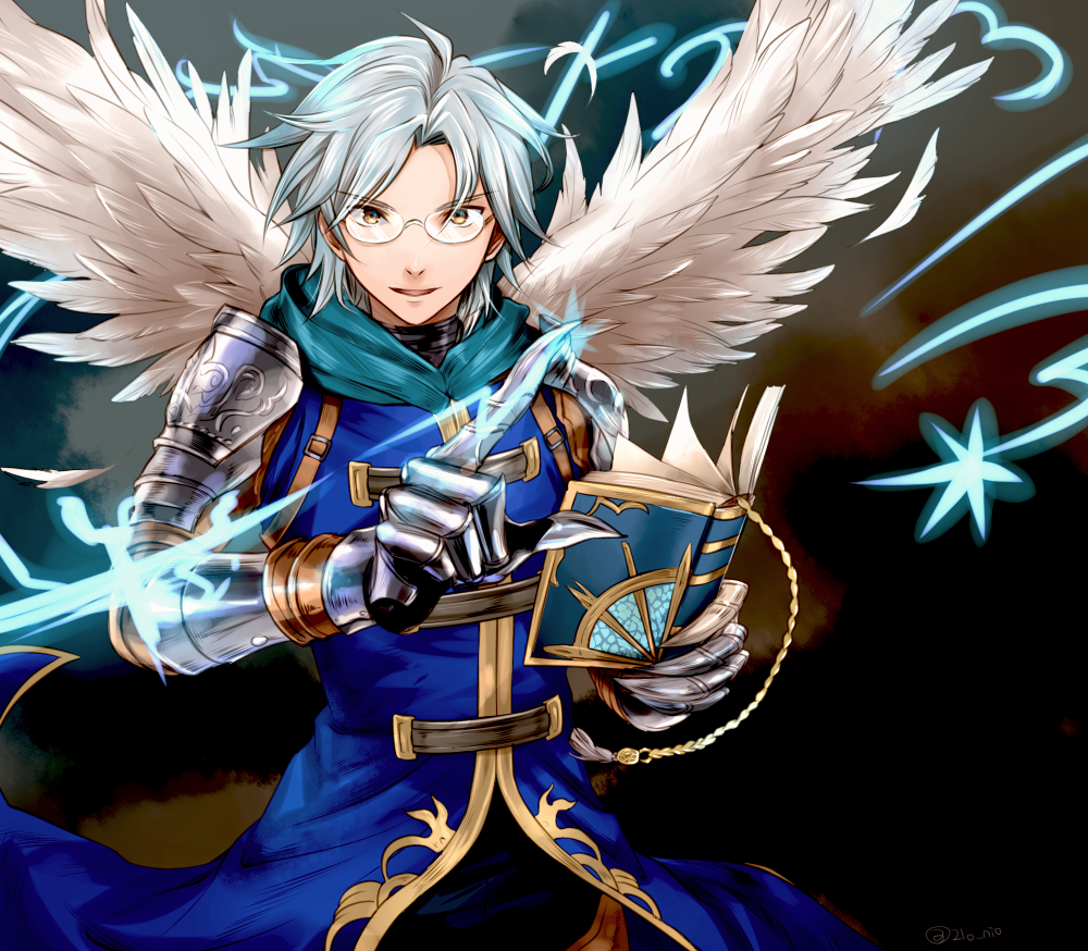 altair_(granblue_fantasy) artist_name book feathered_wings glasses gloves granblue_fantasy grey_hair k_w_r male_focus open_mouth solo upper_body wings yellow_eyes