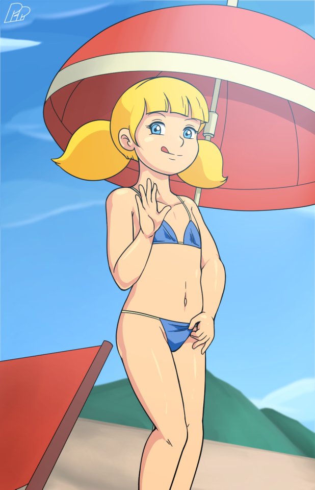 1girl bare_arms bare_legs bikini blonde_hair child closed_mouth collarbone day female flat_chest inspector_gadget looking_at_viewer midriff navel outdoors penny_(inspector_gadget) pepipopo short_twintails sky solo standing swimsuit tongue tongue_out twintails umbrella