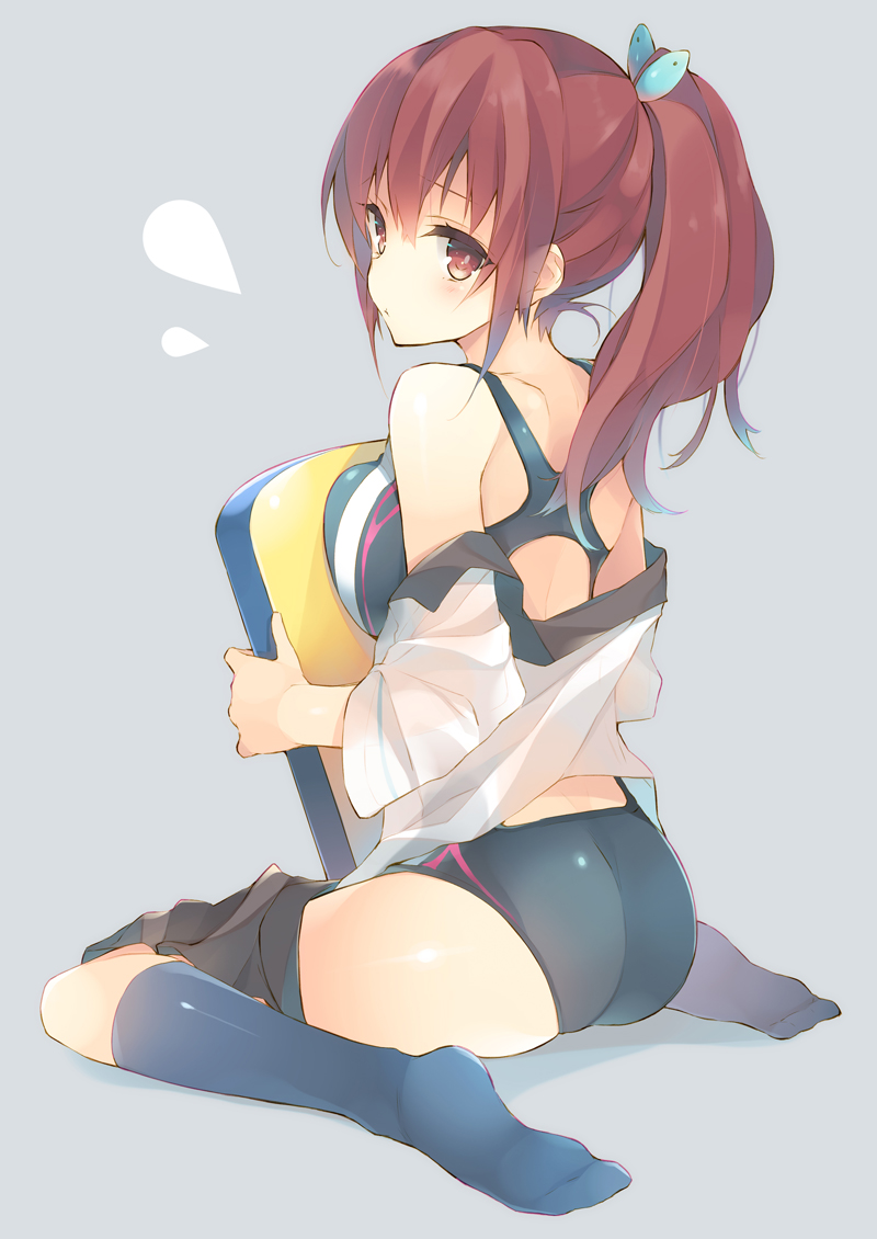 ass bangs black_skirt blouse blush breast_press breasts brown_eyes brown_hair closed_mouth competition_swimsuit enomoto_hina eyebrows_visible_through_hair free! full_body grey_background hair_between_eyes kickboard kneehighs large_breasts long_hair looking_at_viewer looking_back matsuoka_gou navy_blue_legwear off_shoulder one-piece_swimsuit open_blouse open_clothes ponytail pursed_lips red_eyes red_hair see-through sidelocks simple_background sitting skirt skirt_around_one_leg solo swimsuit swimsuit_under_clothes thighs wariza wavy_hair white_blouse