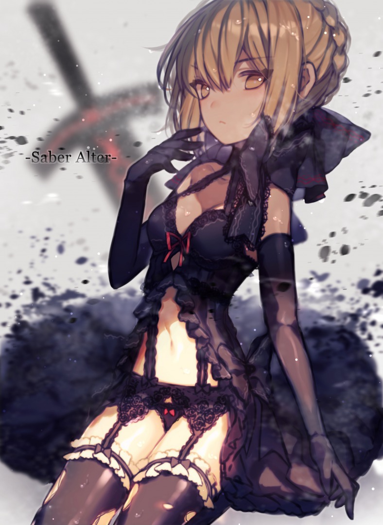 artoria_pendragon_(all) babydoll bangs black_dress black_gloves black_legwear blonde_hair blurry bow bow_panties braid character_name closed_mouth commentary cowboy_shot dark_excalibur depth_of_field dress elbow_gloves eyebrows_visible_through_hair fate/stay_night fate_(series) french_braid garter_belt gloves lace lace-trimmed_panties lingerie looking_at_viewer panties red_bow saber_alter sidelocks solo thighhighs thighs underwear yasiromann yellow_eyes
