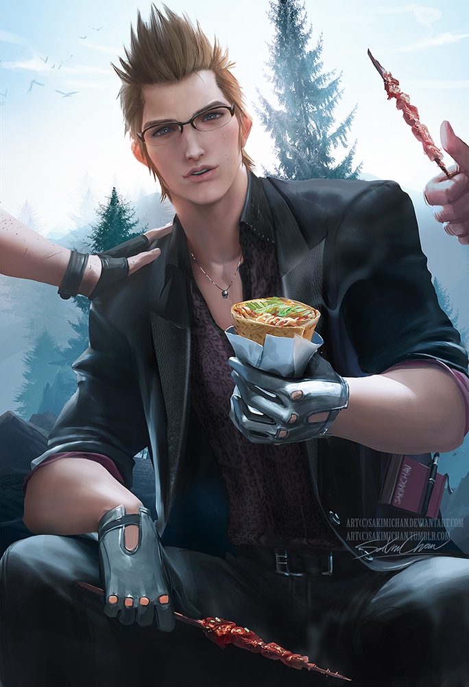 artist_name bent_knees blue_eyes brown_hair final_fantasy final_fantasy_xv fingerless_gloves food glasses gloves ignis_scientia looking_at_viewer male male_focus male_only open_mouth sakimichan short_hair sitting solo web_address