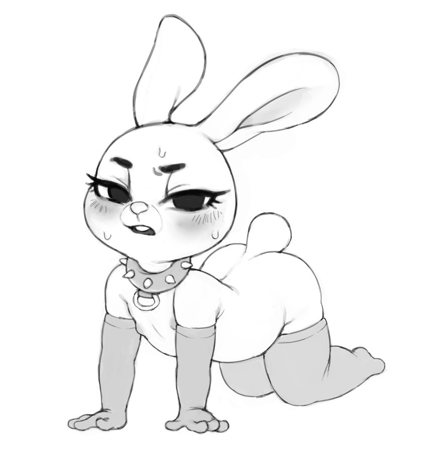 armwear blush clothing collar crookedtrees elbow_gloves frown gloves invalid_tag lagomorph legwear looking_at_viewer mammal nipples open_mouth rabbit simple_background spiked_collar spikes sweat teeth thigh_highs white_background