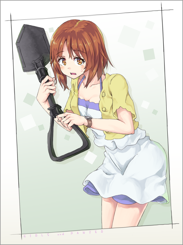 bangs brown_eyes brown_hair camisole casual commentary cowboy_shot girls_und_panzer holding jacket leaning_forward looking_at_viewer miniskirt mumyuu nishizumi_miho open_clothes open_jacket parted_lips shirt short_hair short_sleeves shovel skirt solo standing sweatdrop watch white_shirt white_skirt wristwatch yellow_jacket