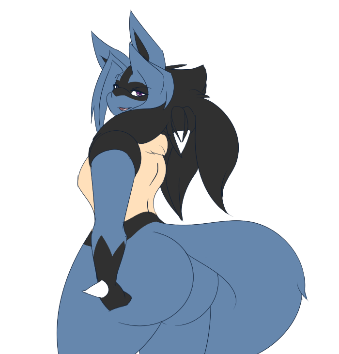 anthro big_butt butt dewwydarts female hair looking_at_viewer lucario nintendo nude pok&eacute;mon purple_eyes simple_background solo thick_thighs video_games white_background