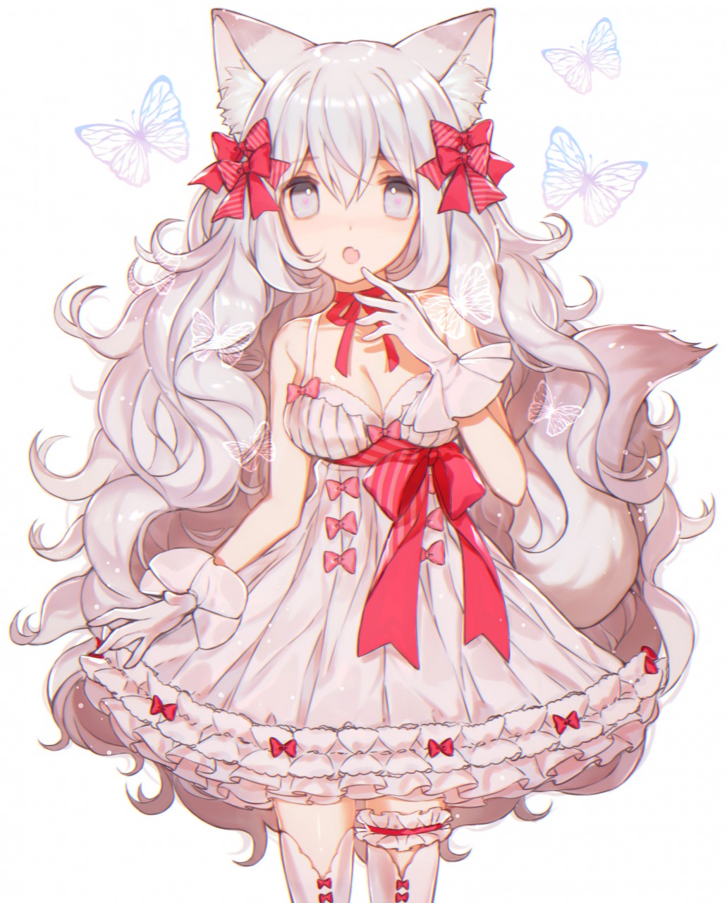 :o animal_ears bangs bow breasts bug butterfly cleavage commentary_request cowboy_shot dress eyebrows_visible_through_hair fang fox_ears frills gloves grey_eyes grey_hair hair_between_eyes hair_bow hair_ribbon highres insect leg_garter long_hair looking_at_viewer medium_breasts open_mouth original red_bow red_ribbon ribbon simple_background solo thighhighs very_long_hair wavy_hair white_background white_dress white_gloves white_legwear yasiromann