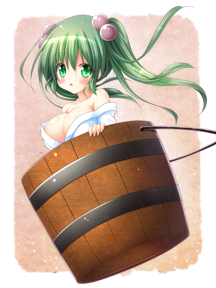 :o bare_shoulders blush breasts bucket green_eyes green_hair hair_bobbles hair_ornament highres in_bucket in_container kisume large_breasts long_hair looking_at_viewer osashin_(osada) parted_lips solo touhou twintails wooden_bucket