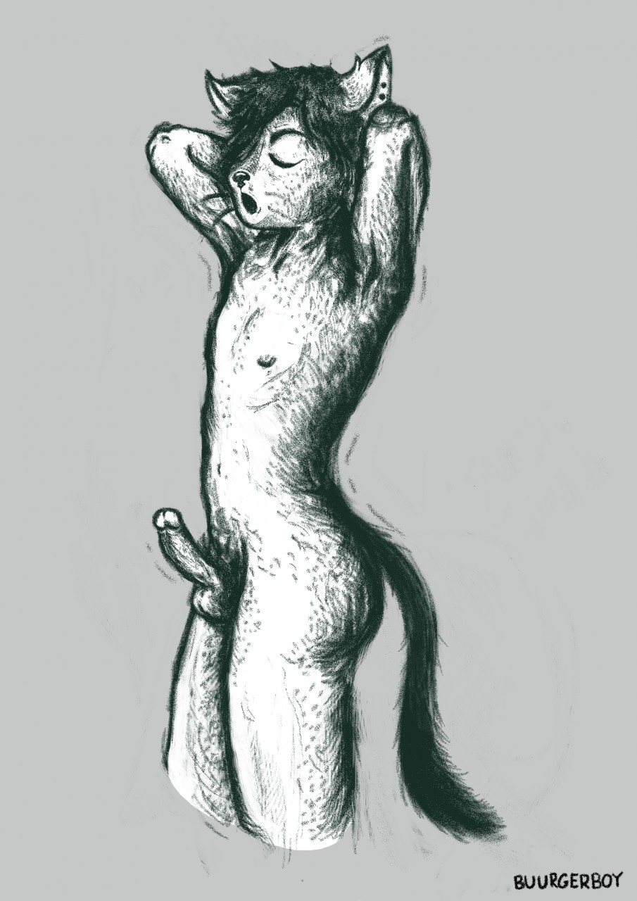 2017 anthro balls buurgerboy cat celeste_(buurgerboy) ear_piercing erection eyes_closed feline green_background hair hair_over_eye male mammal monochrome nipples nude open_mouth penis piercing raised_arm simple_background solo stretching whiskers yawn