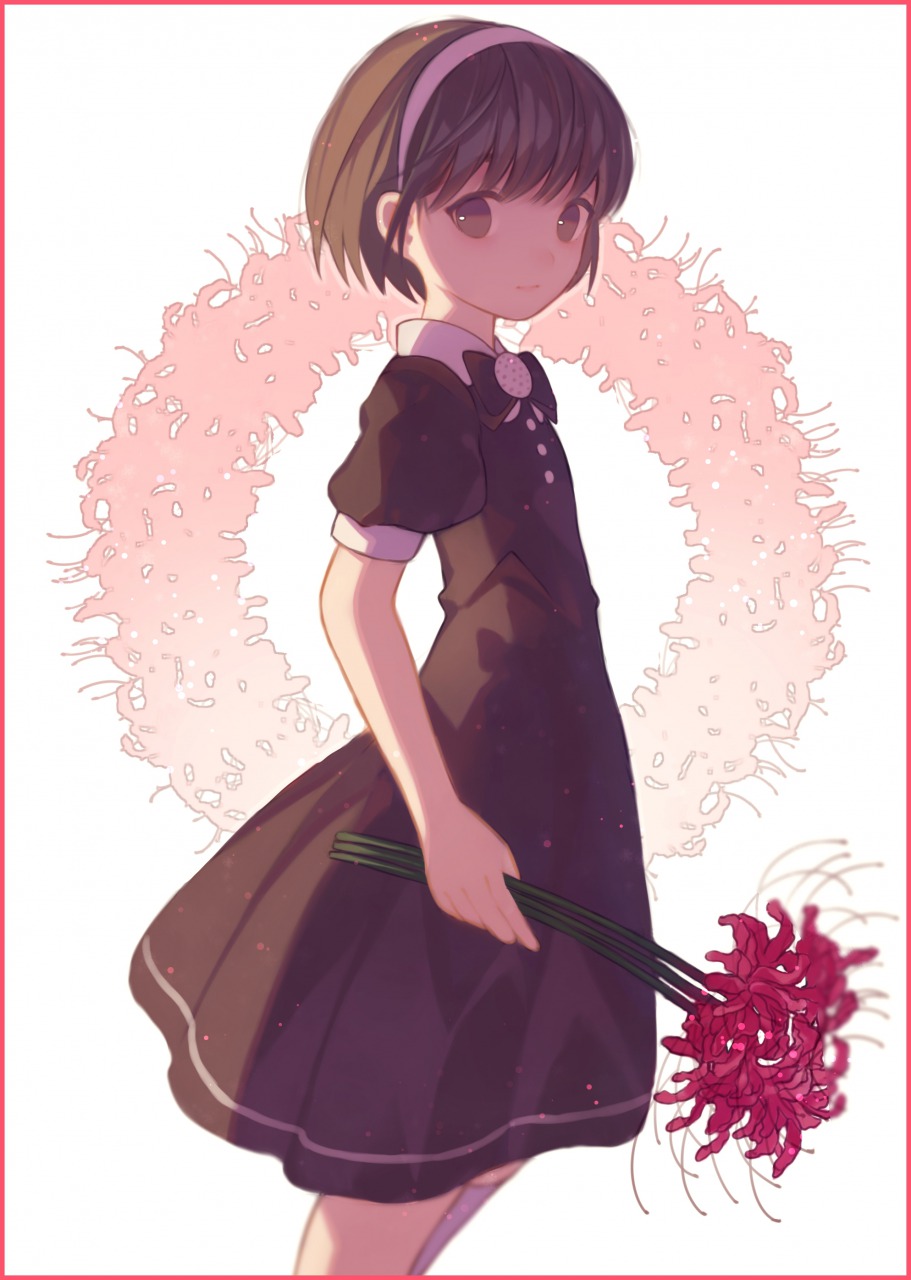 black_dress blurry border brown_eyes brown_hair closed_mouth commentary depth_of_field dress flower from_side hairband highres kneehighs light_smile looking_at_viewer original red_border short_hair single_kneehigh solo spider_lily white_legwear wreath yasiromann