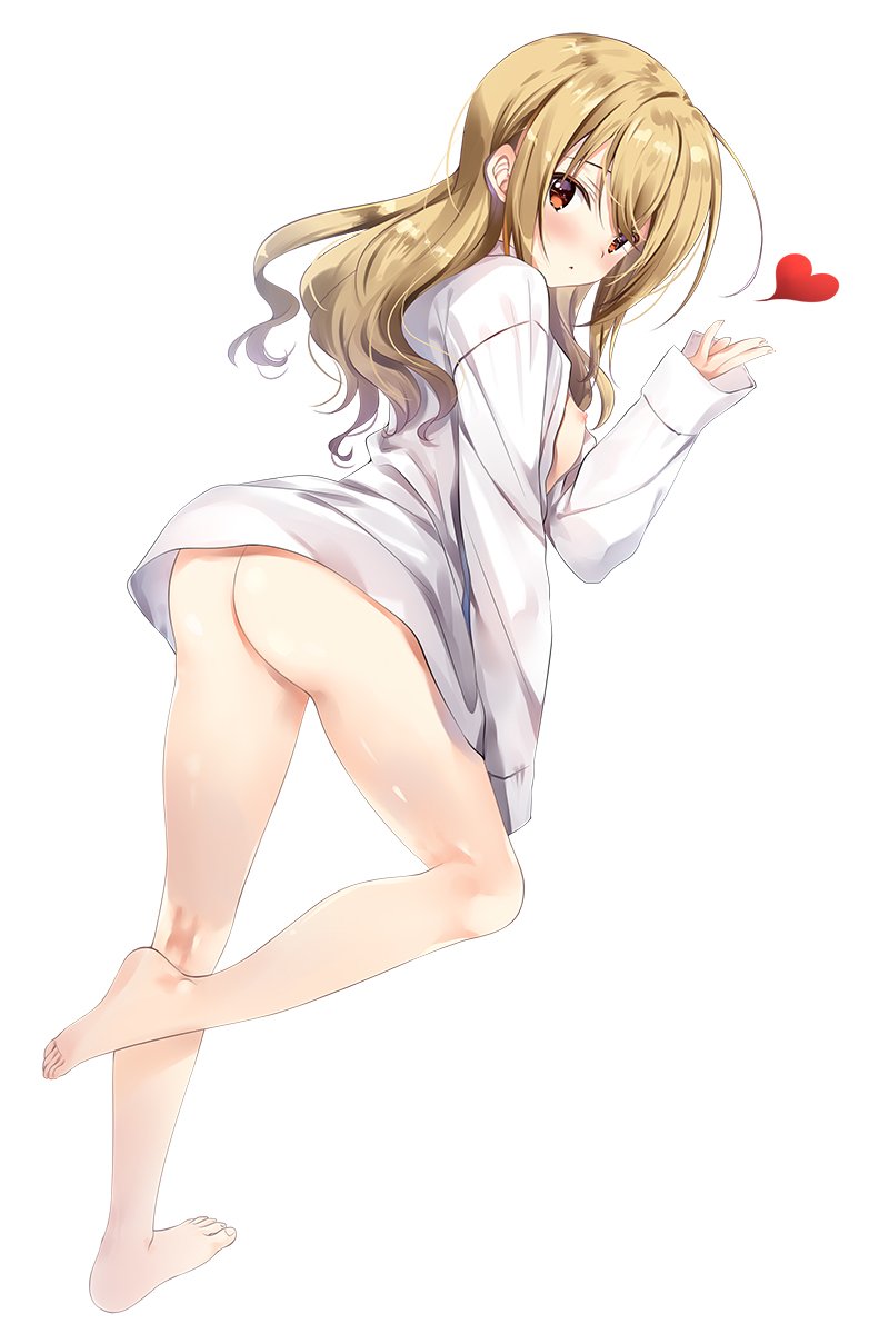 :&lt; alternate_hairstyle ass bangs barefoot blonde_hair blush bottomless breasts breasts_outside closed_mouth colored_eyelashes dress_shirt embarrassed feet from_side full_body hair_down hand_up heart highres isosaki_iori kneepits leaning_forward leg_lift leg_up legs long_hair long_sleeves looking_at_viewer looking_back naked_shirt nipples no_bra oversized_clothes oversized_shirt raised_eyebrows red_eyes shirt sidelocks simple_background sleeves_past_wrists small_breasts solo spoken_heart standing standing_on_one_leg taimanin_(series) taimanin_asagi_kessen_arena wavy_hair white_background white_shirt zinno