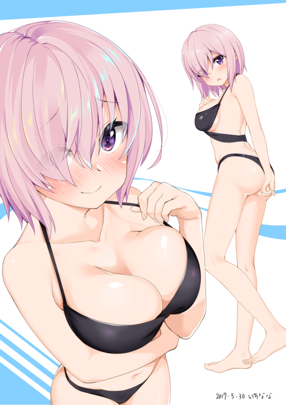 :o arm_behind_back ass bare_arms bare_legs bare_shoulders barefoot bikini black_bikini blush breasts cleavage closed_mouth collarbone commentary_request dated eyebrows_visible_through_hair eyes_visible_through_hair fate_(series) from_above full_body hair_over_one_eye hand_on_own_chest large_breasts leg_up looking_at_viewer looking_up mash_kyrielight mokyutan multiple_views navel open_mouth pink_hair pulled_by_self purple_eyes raised_eyebrows short_hair side_ponytail smile standing standing_on_one_leg stomach strap_pull swimsuit two-tone_background upper_body