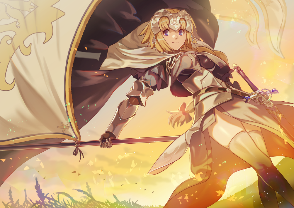 armor blonde_hair blue_eyes blush braid breasts fate/apocrypha fate_(series) flag gauntlets helmet jeanne_d'arc_(fate) jeanne_d'arc_(fate)_(all) long_hair looking_at_viewer medium_breasts rano sheath sheathed smile solo sword thighhighs weapon