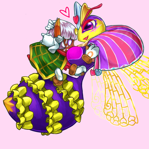 &lt;3 4_eyes 6_hands ambiguous_gender arthropod bee big_breasts breast_squish breasts cape clothing crown duo empty_eyes female female/ambiguous floating_hands insect insect_wings kirby_(series) multi_eye nialaaaaaaa nintendo pink_background purple_exoskeleton purple_eyes queen_sectonia simple_background spidr sweat sweatdrop taranza video_games wings yellow_exoskeleton yellow_eyes