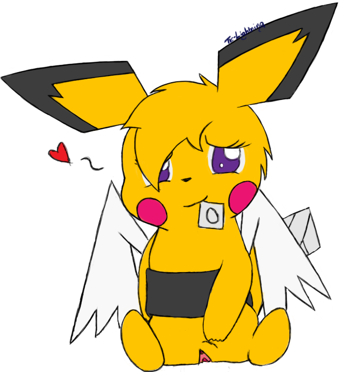 &lt;3 bandage condom folded_wings lily_the_angelchu looking_at_viewer mammal mouse nintendo pichu pok&eacute;mon presenting purple_eyes pussy rodent sitting spreading te-lightning video_games waistband wings