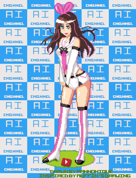 1girl :d a.i._channel bare_shoulders black_ribbon blue_eyes boots brown_hair clothed ear_muffs elbow_gloves flying_hair gloves hair_bow hair_ornament hairband happy high_boots kizuna_ai long_hair multicolored_hair open_mouth pannonique pedestal pink_boots pink_hair pixel_art ribbon shiny_skin shorts smile solo standing streaked_hair thigh thighhighs white_boots white_gloves white_shorts youtube