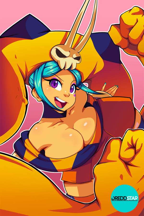 aqua_hair bare_shoulders breasts cerebella_(skullgirls) cleavage clenched_hands dark_skin detached_collar detached_sleeves dreddstar dress eyeshadow green_lipstick large_breasts lipstick living_clothes makeup nail_polish off-shoulder_dress off_shoulder purple_eyes short_hair sidelocks skullgirls solo vice-versa_(skullgirls)