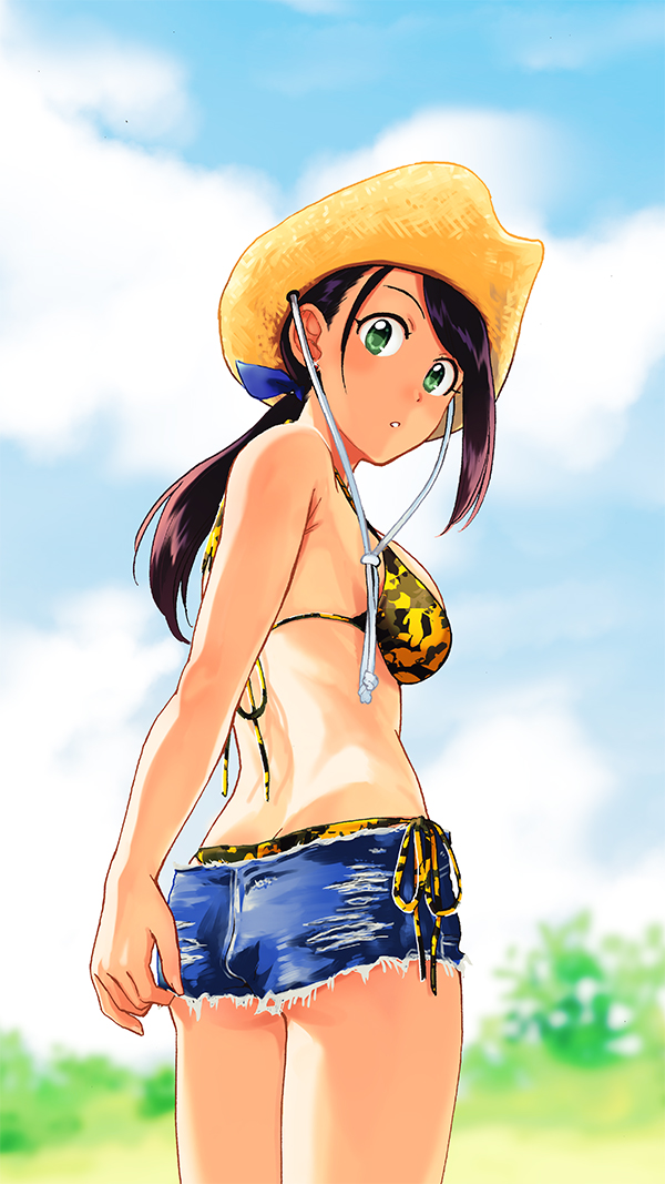 ass bikini bikini_under_clothes black_hair breasts butt_crack cloud commentary_request cowboy_hat day from_behind green_eyes hair_ornament hat idolmaster idolmaster_cinderella_girls long_hair looking_at_viewer looking_back medium_breasts outdoors parted_lips ponytail short_shorts shorts side-tie_bikini solo standing swimsuit yamato_aki youhe_hino