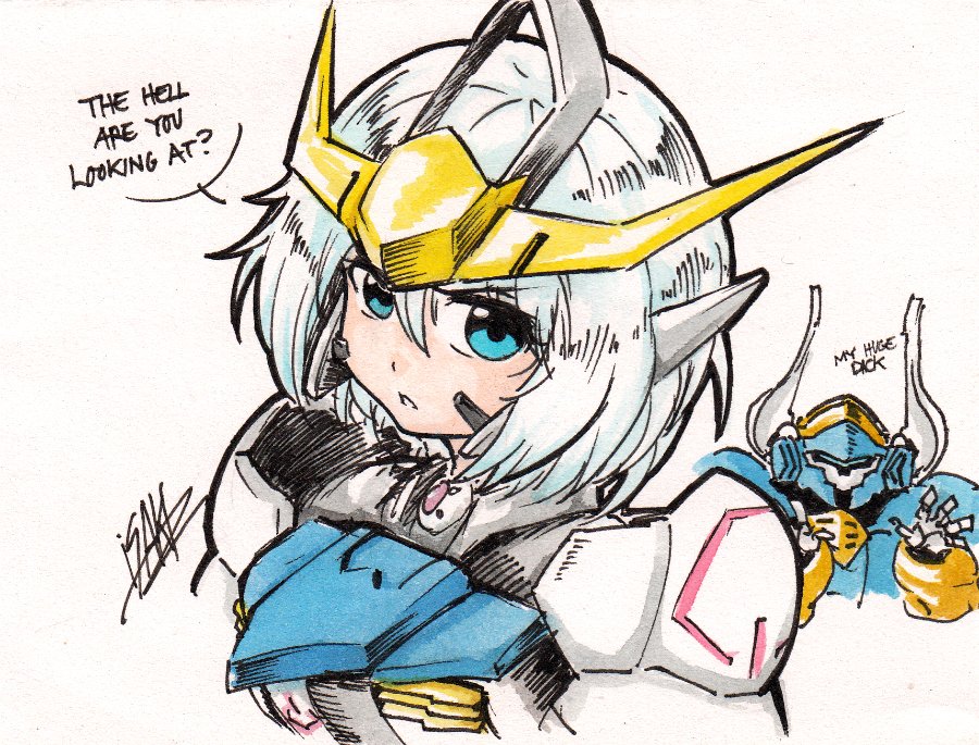 blue_eyes english gundam gundam_barbatos gundam_tekketsu_no_orphans helmwige_reincar isaki_tanaka mecha_musume personification profanity short_hair traditional_media white_hair