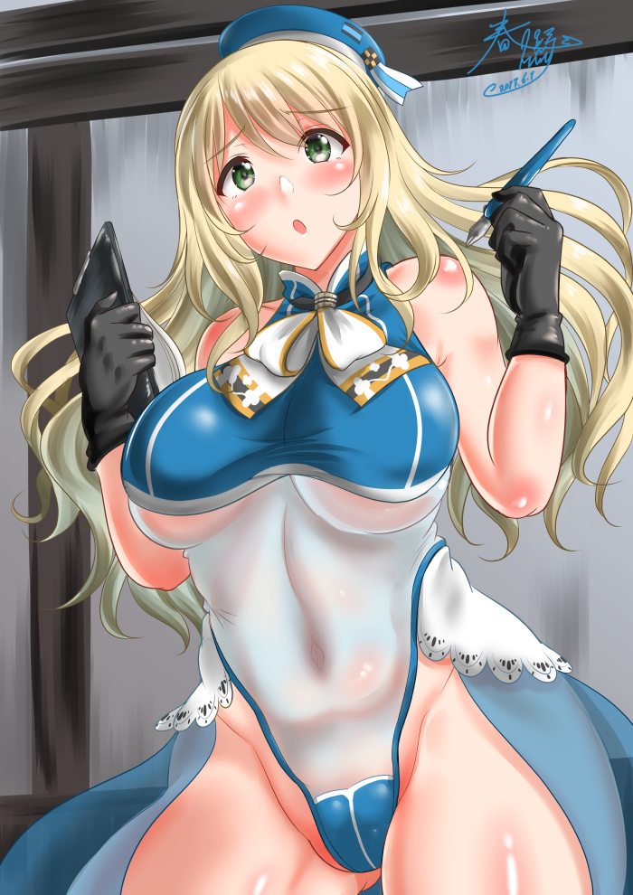 adapted_costume atago_(kantai_collection) bad_anatomy bare_shoulders beret black_gloves blonde_hair breasts dated gloves green_eyes hair_between_eyes hat holding holding_pen kantai_collection kasugano_tobari large_breasts long_hair military military_uniform open_mouth pen signature solo uniform