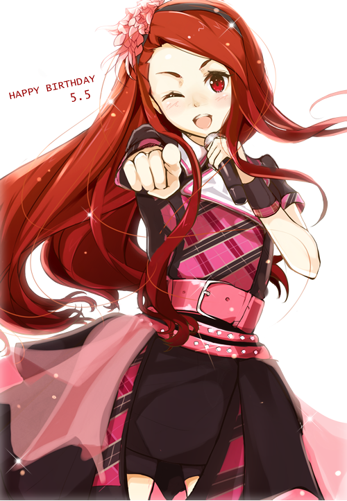 ;d bangs belt black_hairband blush breasts brown_hair cowboy_shot flower hair_flower hair_ornament hairband happy_birthday holding holding_microphone idolmaster idolmaster_(classic) long_hair looking_at_viewer microphone minase_iori nira_(vira) one_eye_closed open_mouth pink_belt pointing pointing_at_viewer red_eyes short_sleeves simple_background small_breasts smile solo studded_belt white_background wrist_cuffs