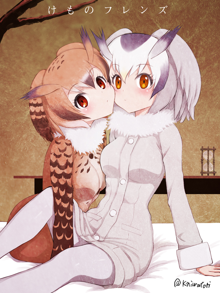 arm_support bed blush breasts brown_eyes brown_hair cheek-to-cheek coat commentary copyright_name eurasian_eagle_owl_(kemono_friends) eyebrows_visible_through_hair fur_collar grey_hair grey_legwear head_wings hourglass kemono_friends long_sleeves looking_at_viewer medium_breasts multicolored_hair multiple_girls niwatori_kokezou northern_white-faced_owl_(kemono_friends) on_bed pantyhose purple_hair red_eyes short_hair signature sitting twitter_username white_hair