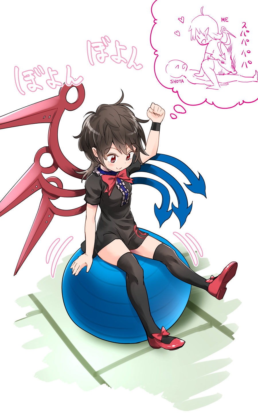 asymmetrical_wings ball black_dress black_hair black_legwear bow bowtie center_frills commentary_request dress exercise_ball goroumaru highres houjuu_nue red_bow red_eyes red_footwear red_neckwear sex shoe_bow shoes short_dress short_hair short_sleeves sitting thighhighs thought_bubble touhou wings zettai_ryouiki
