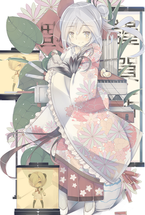 bird cannon cer_(cerber) chibi chicken chinese chinese_new_year dao_fu dress egg firecrackers floral_background floral_print frilled_dress frilled_sleeves frills full_body graf_spee_(zhan_jian_shao_nyu) grey_hair hair_bun holding lantern leaf looking_at_viewer machinery ping_hai_(zhan_jian_shao_nyu) pleated_dress shoes smile standing star star_print white_dress white_footwear wide_sleeves yellow_eyes zhan_jian_shao_nyu