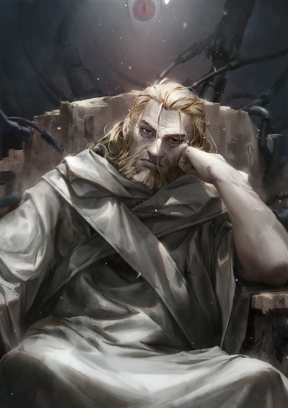baraba_baba beard blonde_hair commentary_request facial_hair father_(fma) fullmetal_alchemist head_on_hand highres looking_at_viewer pride realistic red_eyes robe single_eye sitting wire wrinkles