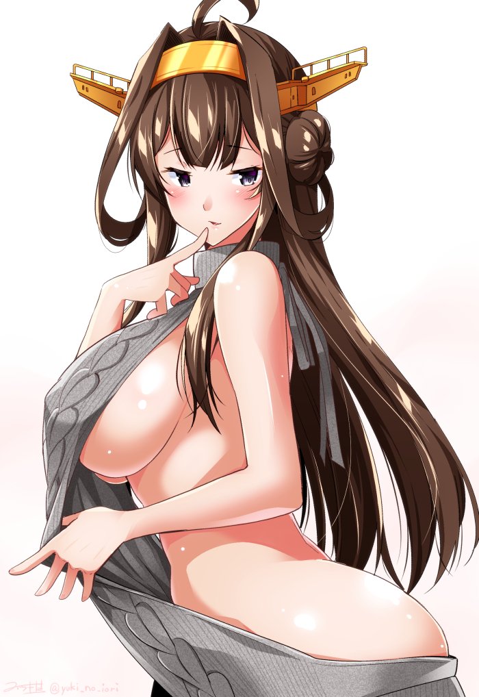 ahoge ass backless_dress backless_outfit blush breasts brown_hair double_bun dress dress_pull finger_to_mouth grey_sweater halterneck headgear kantai_collection kongou_(kantai_collection) large_breasts long_hair looking_at_viewer meme_attire parted_lips purple_eyes remodel_(kantai_collection) sideboob simple_background solo sweater turtleneck turtleneck_sweater virgin_killer_sweater white_background yuuki_hb