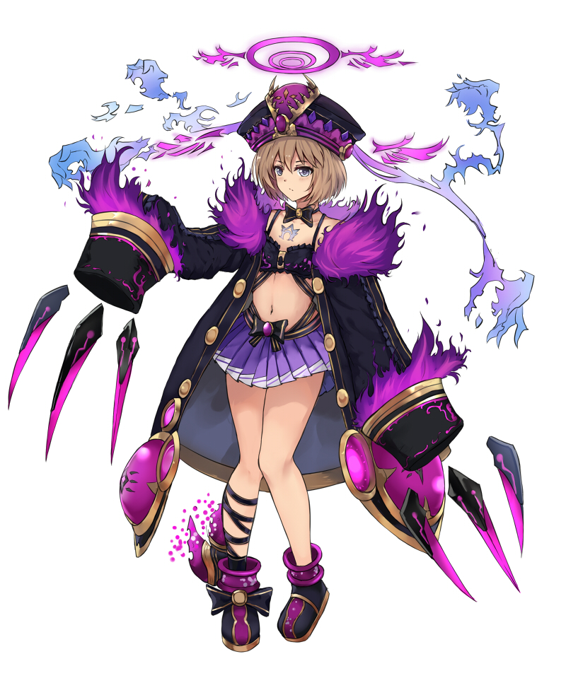 bare_shoulders blanc blanc_(chaos_form) blue_eyes blush brown_hair claws coat dark_persona fire halo hat looking_at_viewer midriff navel nepnep_connect:_chaos_chanpuru neptune_(series) overcoat short_hair skirt sleeves_past_wrists solo tattoo white_crow wide_sleeves
