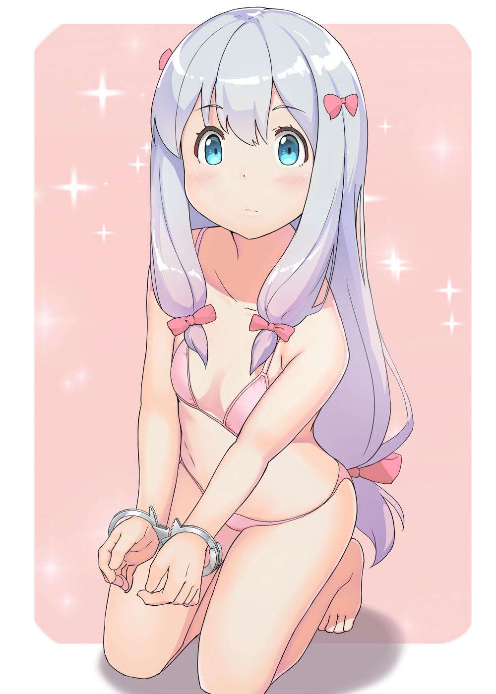 aqua_eyes barefoot bdsm blush bow bra breasts cuffs eromanga_sensei hair_bow handcuffs highres izumi_sagiri kneehighs kneeling long_hair looking_at_viewer low-tied_long_hair panties pink_background pink_bow pink_bra pink_panties silver_hair small_breasts solo sparkle_background tomitayaki underwear underwear_only